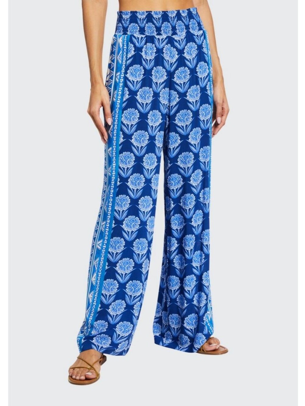 Johnny Was Yao Blue Floral Printed Wide-Leg Pull On Palazzo Pants